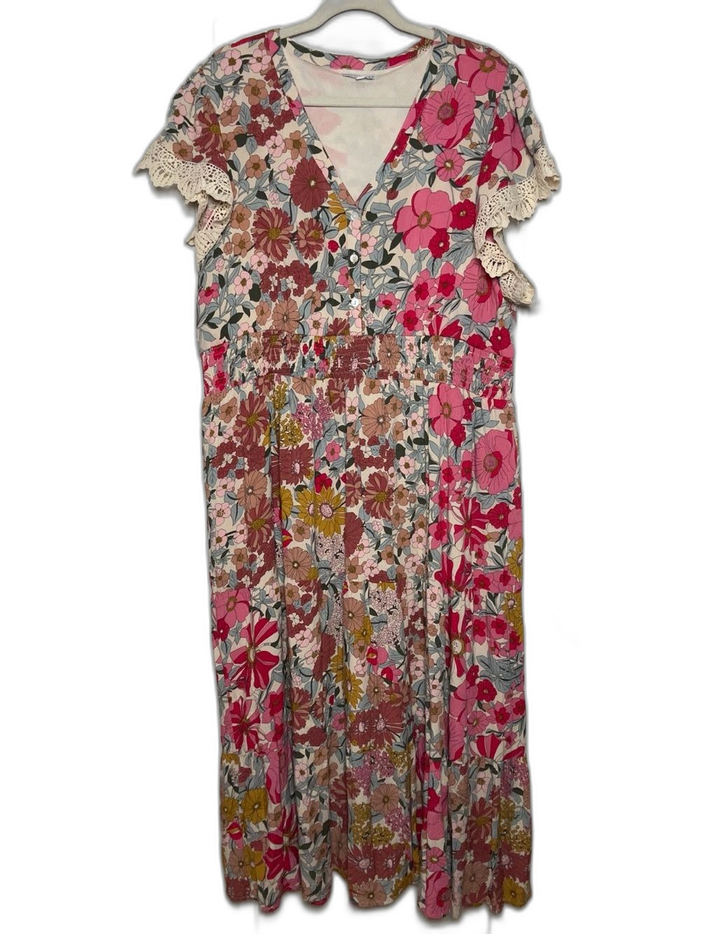 Baltic Born Multicolored Floral Maxi Dress Lace Trim Pockets Size 3XL